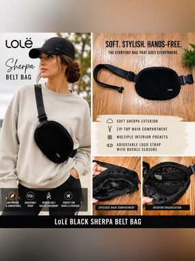 Lolë Black Sherpa Belt Bag Fanny Pack Crossbody Adjustable Strap